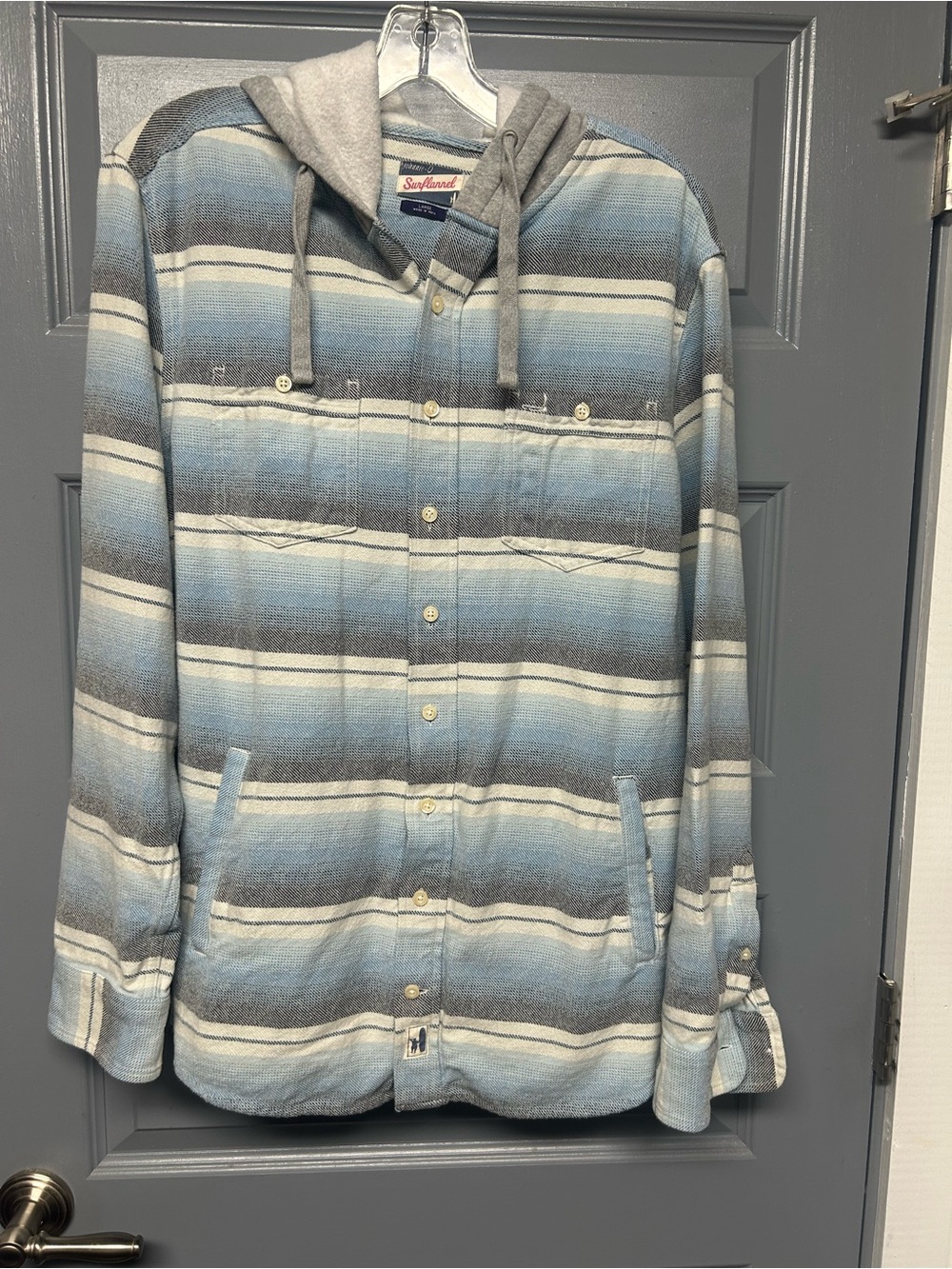 Johnnie-O SURFLANNEL Hoodie blues stripe gray hood size large EUC!